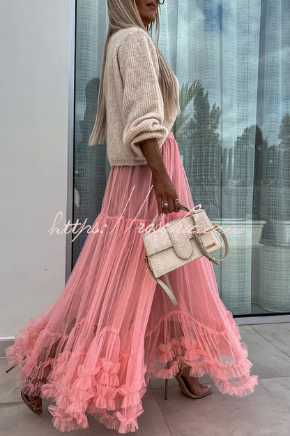 Tulle Stretch Waist Paneled Pleated Maxi Skirt