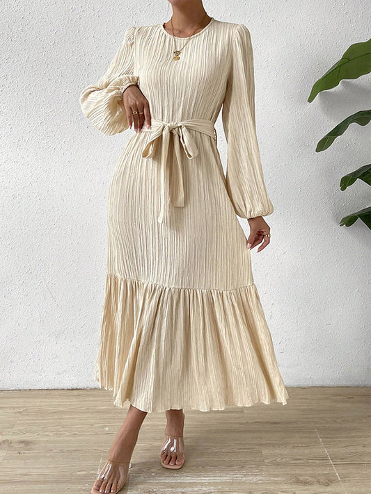 A-line Long Sleeves Elasticity Pleated Color Split-joint Tied Waist Round-neck Midi Dresses