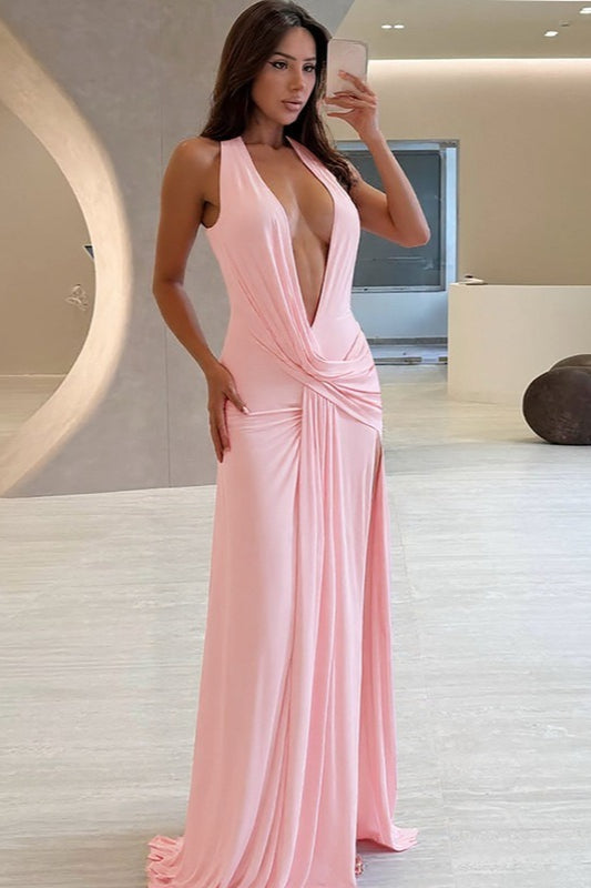 Halter Deep V Backless Slit Floor Maxi Dress
