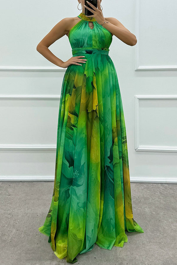 Elaine Tulle Splash Print Cutout Halter Tie-up Neck Gown Maxi Dress
