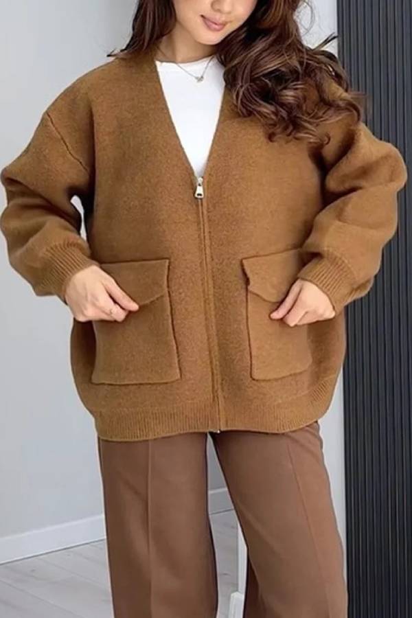 Color Versatile V-neck Pocket Sweater Jacket