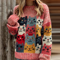 Comstylish Women's Colorful Cats Pattern Art Cozy Knit Sweater