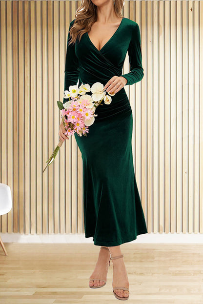 Color Velvet Long Sleeve V-neck Slim Fit Fishtail Maxi Dress