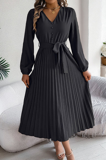 Color V-neck Buttoned Lace-up Pleated Maxi Dress