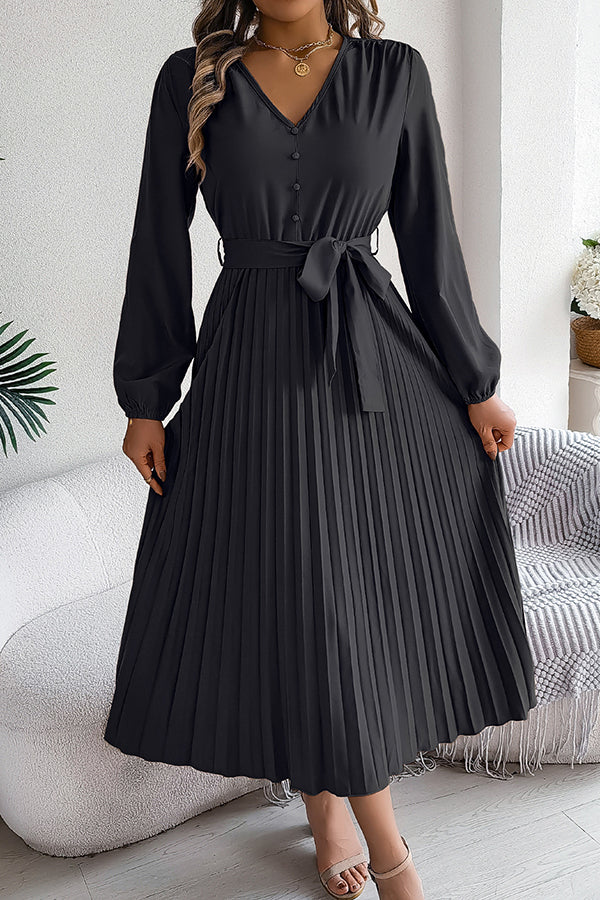 Color V-neck Buttoned Lace-up Pleated Maxi Dress