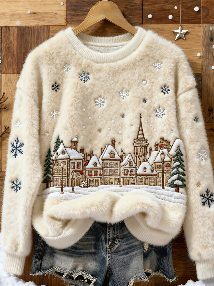 Comstylish Christmas Snow Scene Embroidery Women's Cozy Plush Sweater