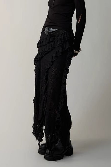 Asymmetric Wool Blend Black White Maxi Skirt