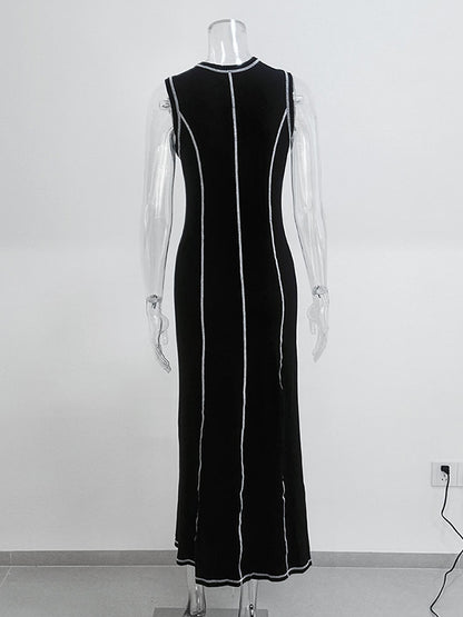 A-line Sleeveless Split-joint Striped Round-neck Maxi Dresses