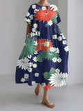 Japanese Art Flower Print Short Sleeve Loose Midi Dress