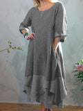 Ladies Solid Color Cotton Linen Long Sleeve Dress