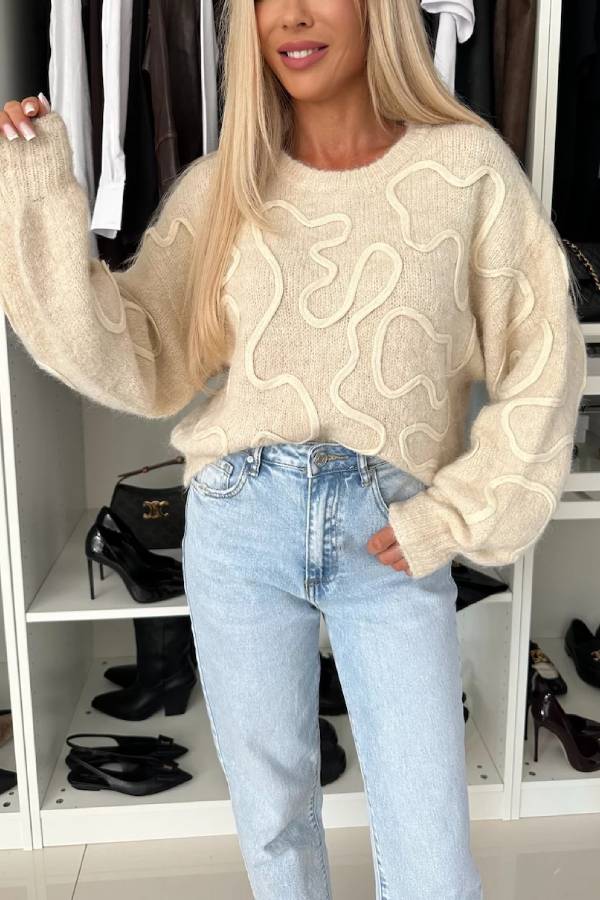 Mood Knit Contrast Color Sewing Line Pattern Loose Sweater