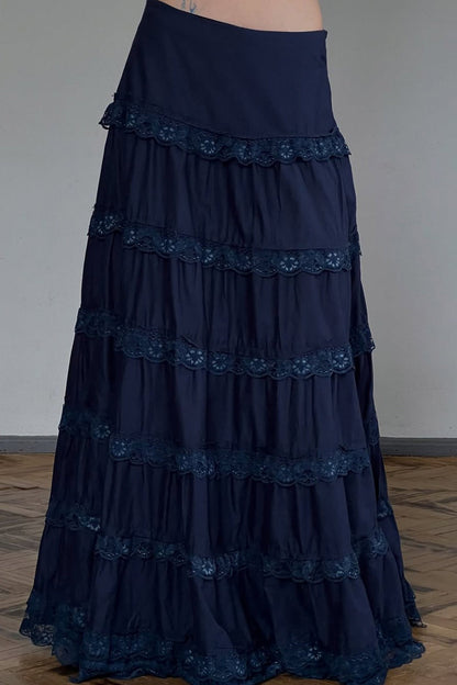 Lace Trimmed Tiered Midi Skirt
