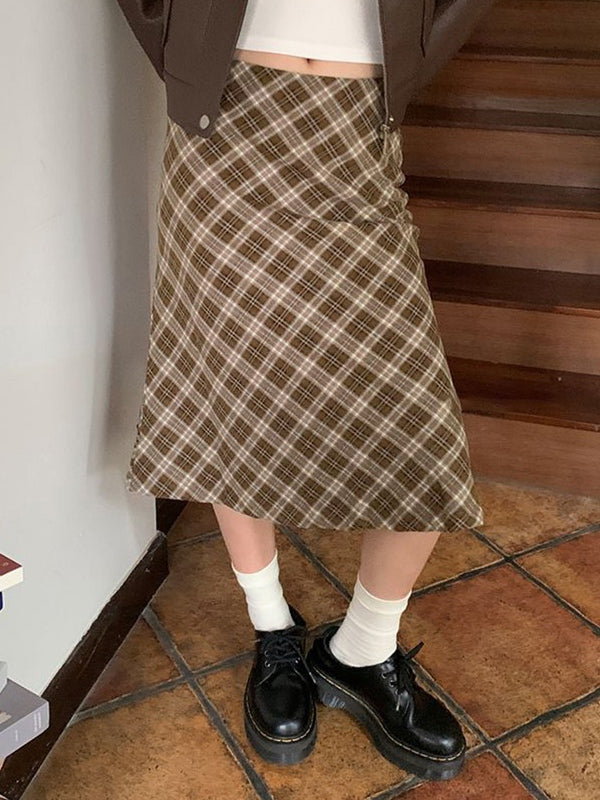Brown Low Waist Checkered Midi Skirt