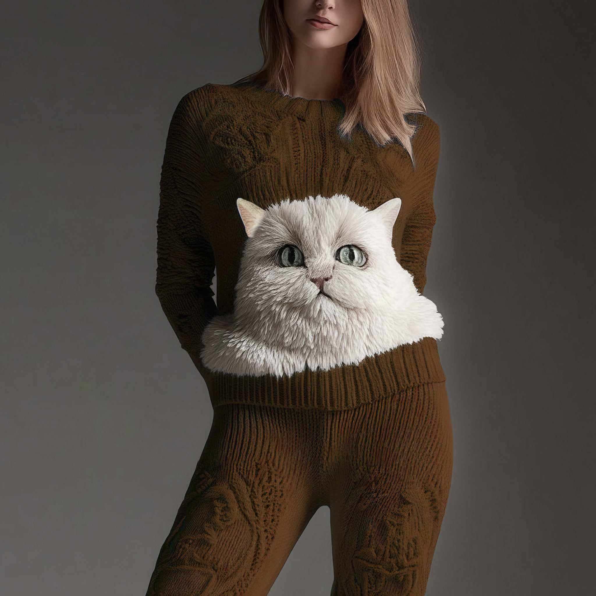 Comstylish Cute Fuzzy Cat Face Embroidered Cozy Knit Sweater