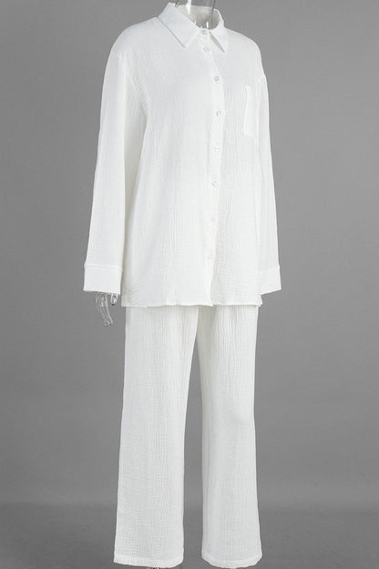 Cotton Wrinkled Shirt Pants Two Piece Set