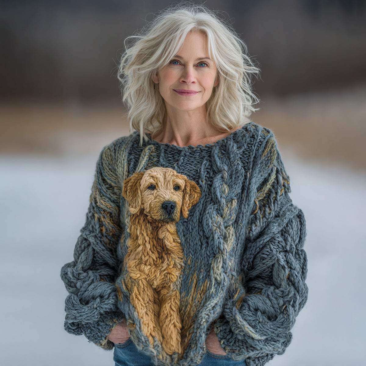 Fluffy Golden Retriever Jacquard Chunky Knit Cozy Sweater artswardrobe
