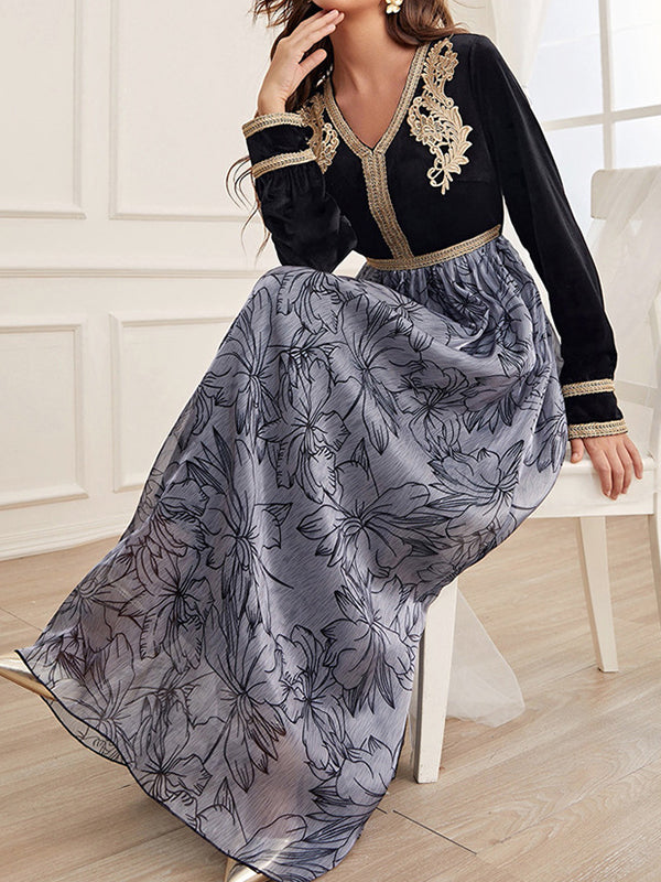 A-line High Waisted Embroidered Flower Print Split-joint V-neck Maxi Dresses