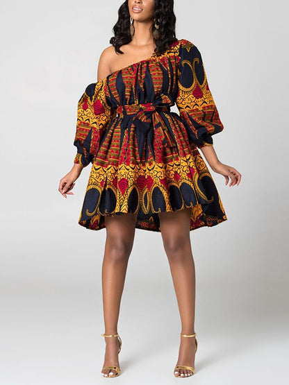 High Waisted Loose Elasticity Printed Tied Waist One-shoulder Mini Dresses