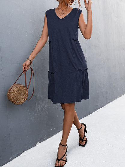 A-line Loose Pleated Color Split-joint V-neck Midi Dresses