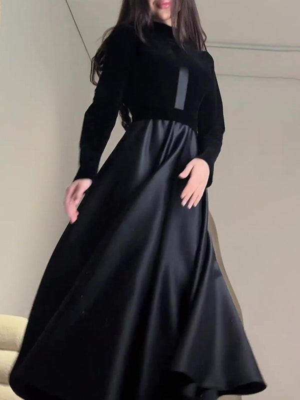A-line Long Sleeves Pleated Split-joint Zipper Mock Neck Maxi Dresses