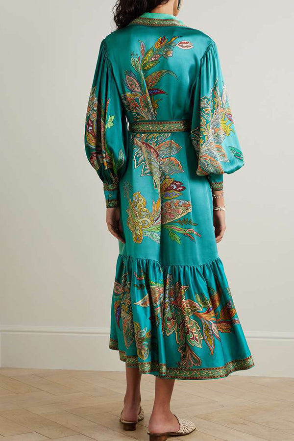 Resort Style Satin Unique Printed Lapel Lantern Sleeve Lace-up Midi Dress
