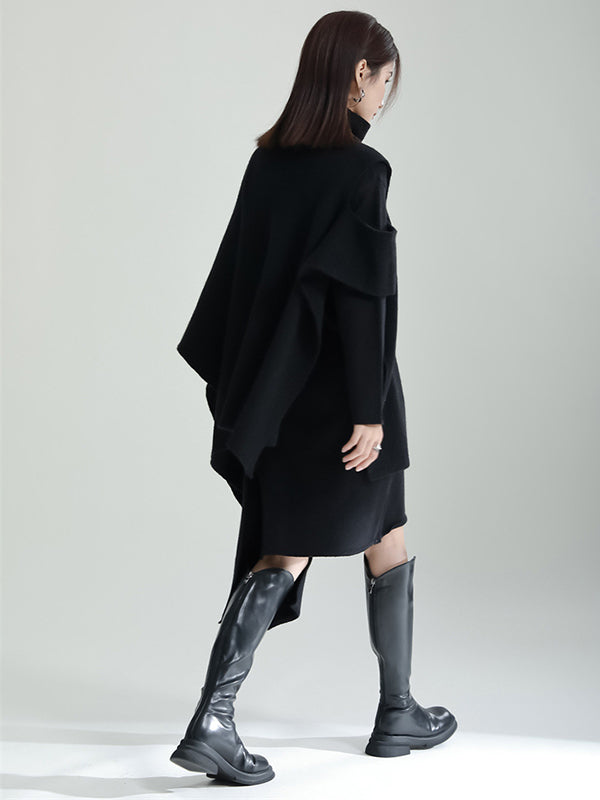 Long Sleeves Loose Color High-neck Shawl&sweater Dresses Two Pieces Set
