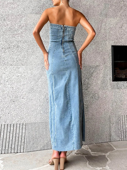Side Slit Denim Bodycon Dress for Slim Sleeveless Maxi Dresses ’s Street Woman Autumn New