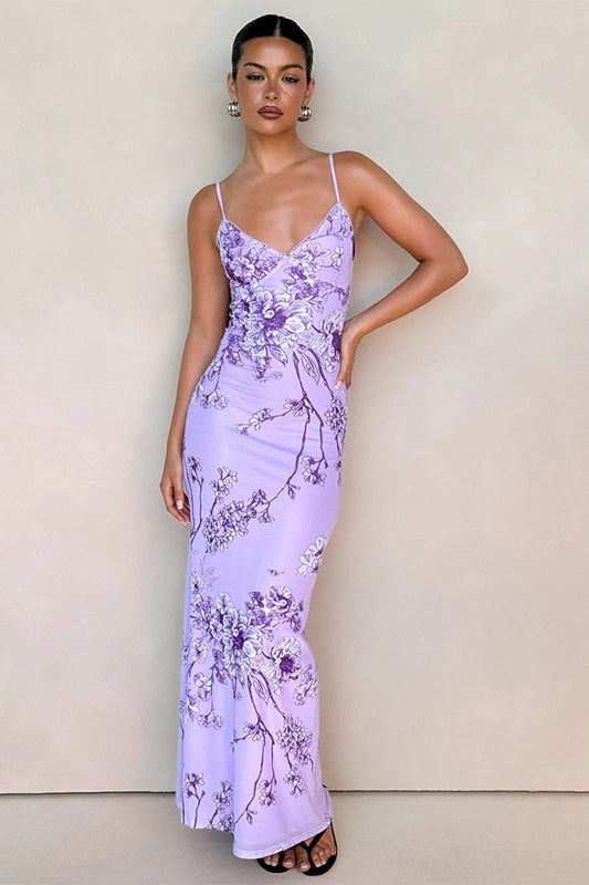 V-neck Purple Cami Bodycon Maxi Dress