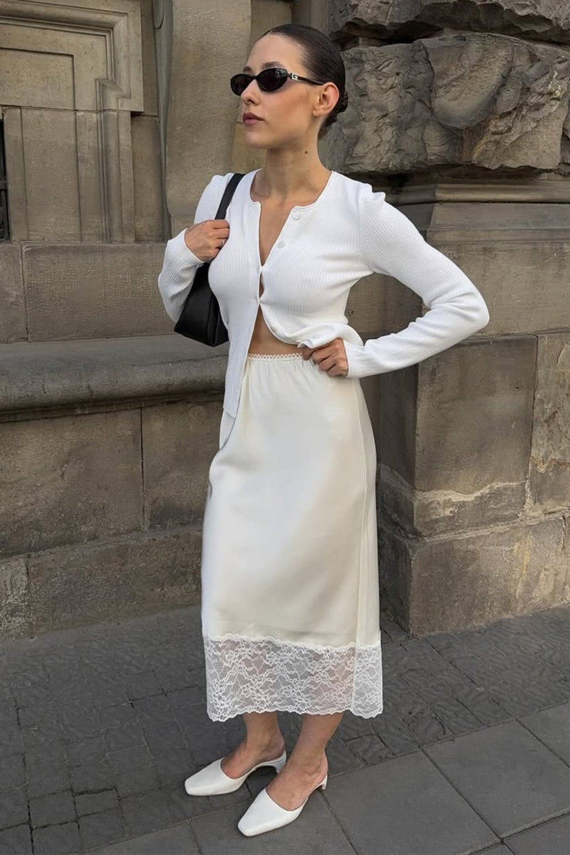 Satin Lace Trim Bodycon Skirt