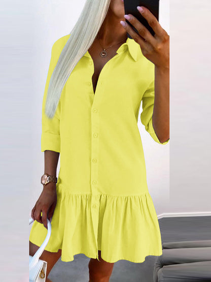 Long Sleeves Loose Buttoned Pleated Color Split-joint Lapel Mini Dresses Shirt Dress