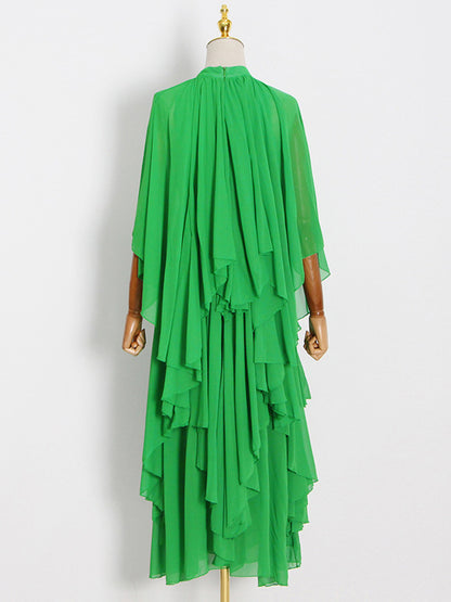 Loose Raglan Sleeve Color Tiered Stand Collar Maxi Dresses
