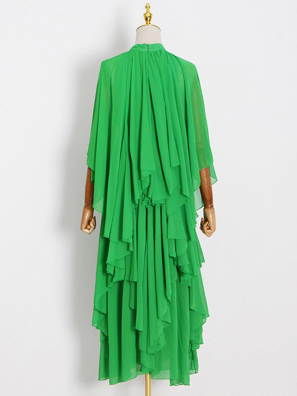 Loose Raglan Sleeve Color Tiered Stand Collar Maxi Dresses