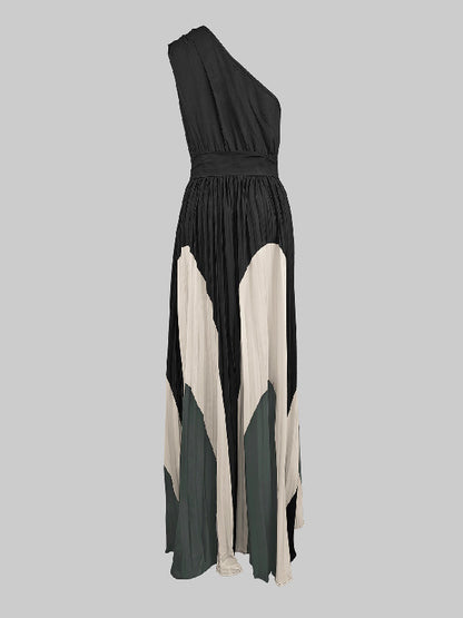 Sleeveless Asymmetric Pleated Printed One-shoulder Maxi Dresses