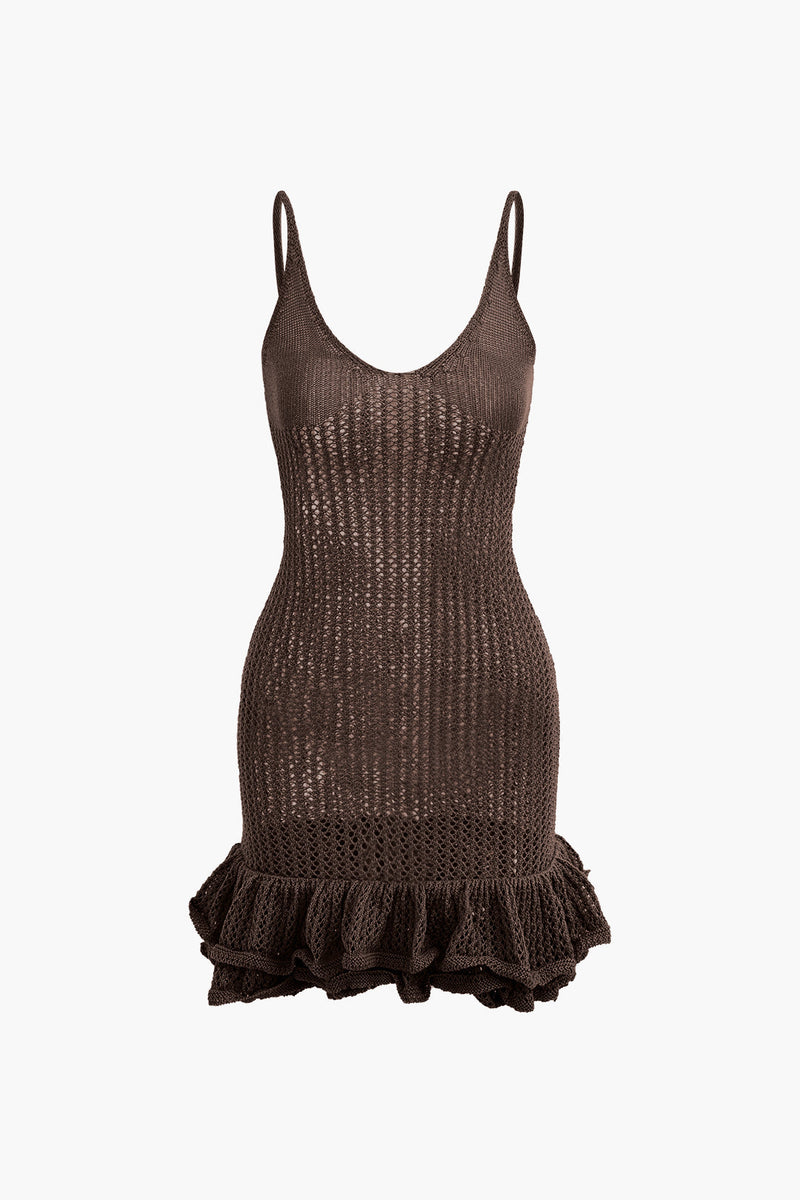 Color Open Knit Ruffle Hem Cami Mini Dress