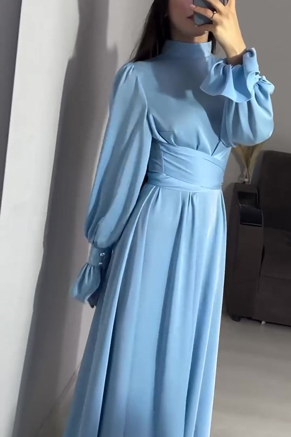 Color Ruffled Sleeves Waisted Tie Slim Fit Maxi Dress