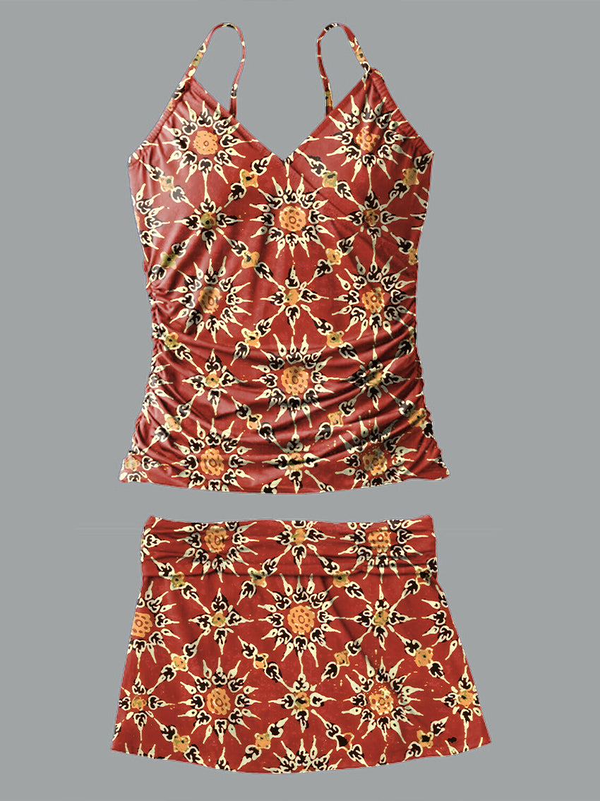 V-Neck Vintage Ethnic Pattern Print Suspender Skirt Tankini Pantskirt Set Swimsuit