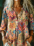 Women's Ethnic Totem Art Print Casual Cotton and Linen 3/4 Sleeve Shir