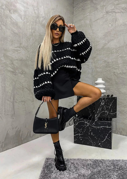 Oversized Thick Knit Twist Stripe Pullover - Sweater