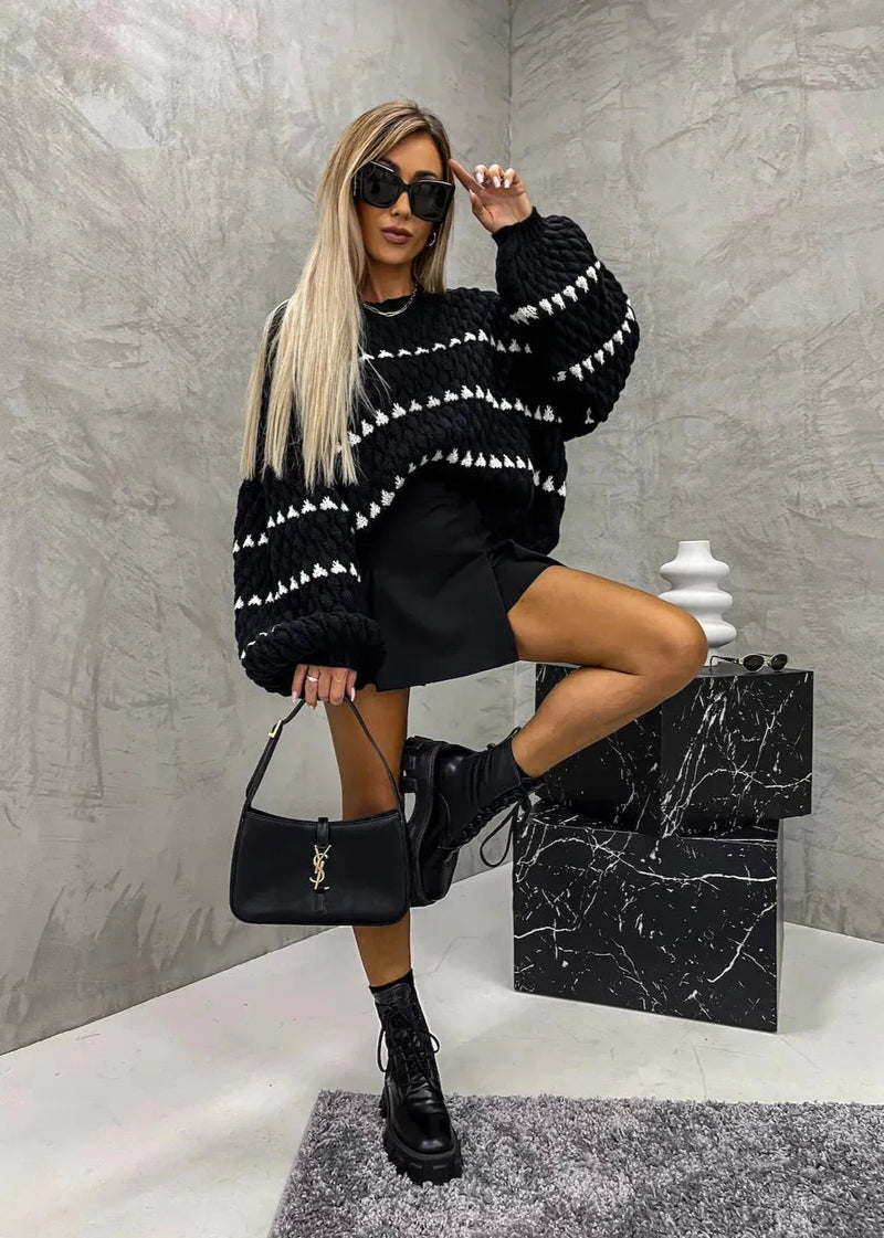 Oversized Thick Knit Twist Stripe Pullover - Sweater