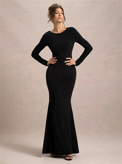 Black Tee Bow Backless Long Dress ’s High Waist Party Dress Gown Female Autumn Maxi Dress