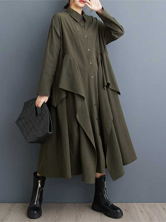 A-line Long Sleeves Buttoned Pockets Ruffle Trim Color Lapel Midi Dresses