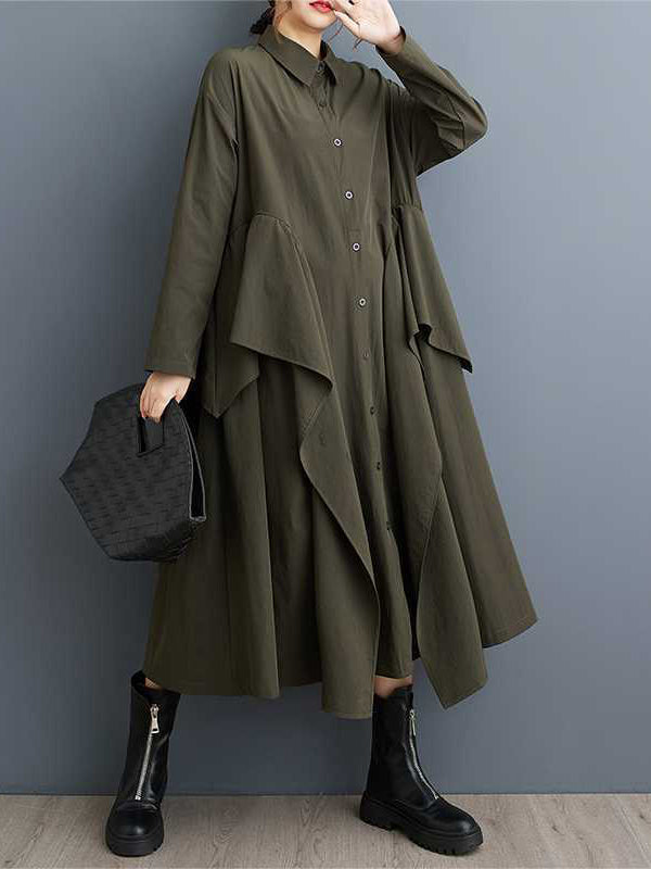 A-line Long Sleeves Buttoned Pockets Ruffle Trim Color Lapel Midi Dresses