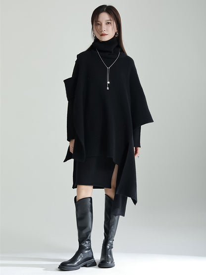 Long Sleeves Loose Color High-neck Shawl&sweater Dresses Two Pieces Set