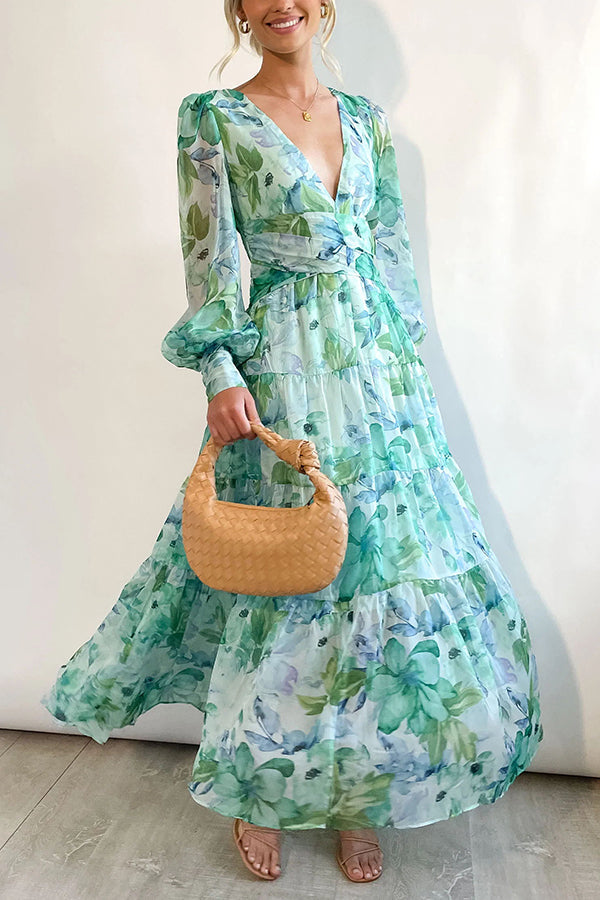 Olena Abstract Balloon Sleeves Maxi Dress (the Back Is Stretchy)