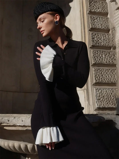 Female Ruffled Knitwear Long Dress Patchwork Slim Contrast Lapel Party Dress Gown ’s Knit Maxi Dress
