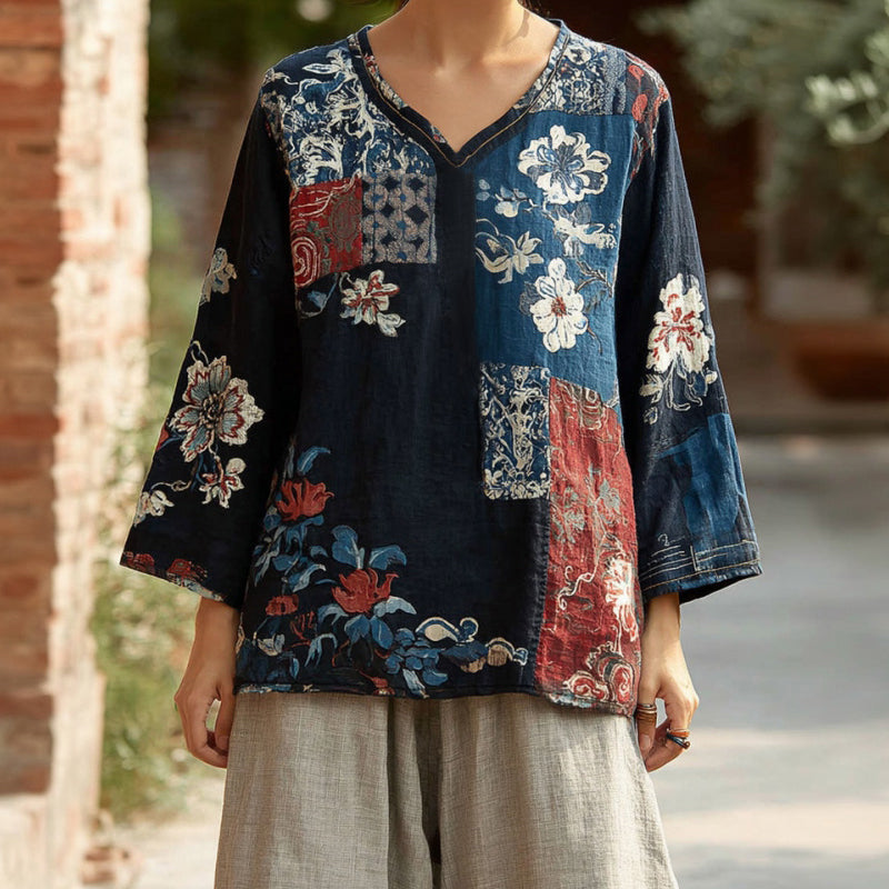 Comstylish Women's Floral Pattern Linen V-neck T-shirt