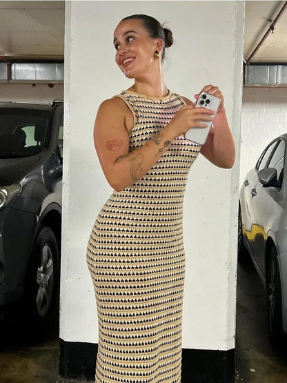Striped See-through Long Dress Female Sleeveless High Waist Patchwork Beach Dress Knit Maxi Dress Summer
