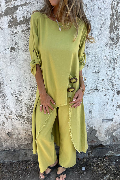 Jamilah Linen Blend Ring Detail Midi Blouse and Elastic Waist Pocketed Loose Pants Set