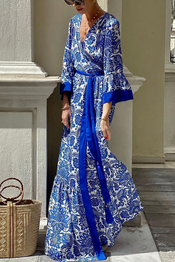 Greek Island Satin Unique Print Tassel Belted Wrap Maxi Dress