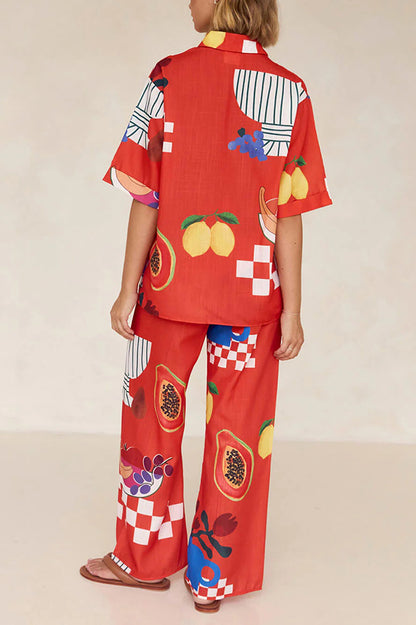 Unique Printed Shirt and Elastic Waist Pants Set